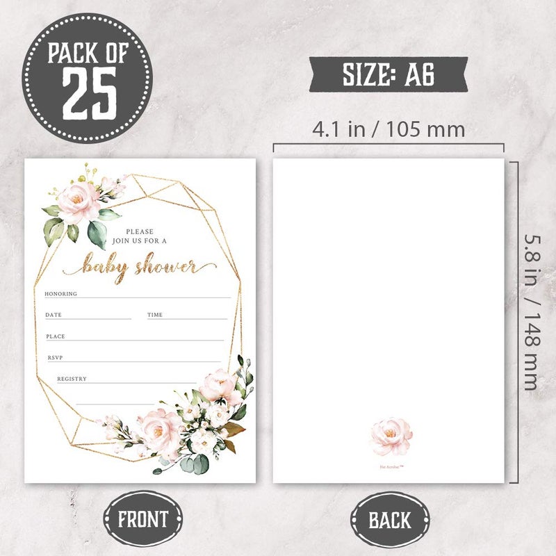 Hat Acrobat Set of 25 Boho Baby Shower Invitations for Girl - Floral Baby Girl Shower Invitations with Envelopes, Diaper Raffle Tickets, Book Request Cards - Elegant Baby Shower Invites for Girl - Image 2